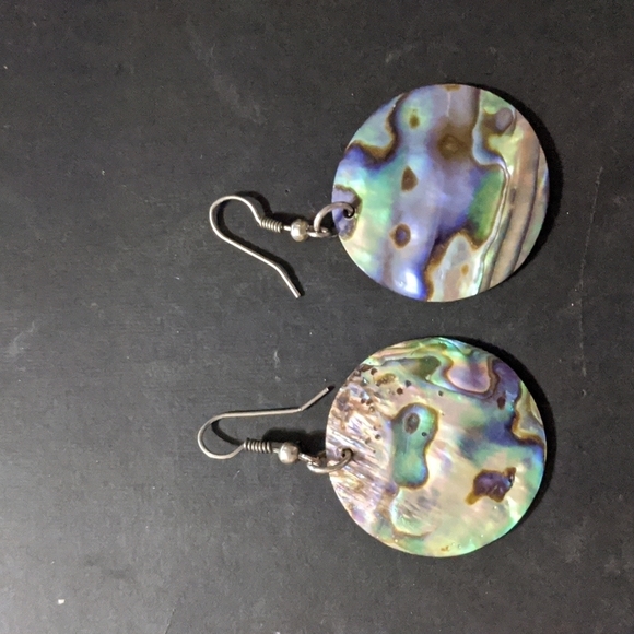 Silver Tone Blue Purple Green Paua Shell Disc Statement Earrings - Picture 1 of 3